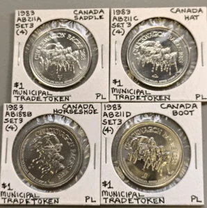 1983 Edmonton Alberta $1 Chuck Wagon carreras dólar sin circular las 4 marcas privadas - Imagen 1 de 3