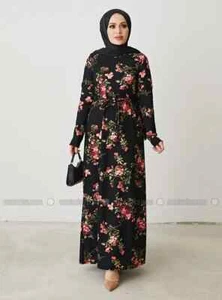 Gemustertes bescheidenes Kleid schwarz rot mit Gürtel UK Größe 16 Eid Dress - Bild 1 von 7