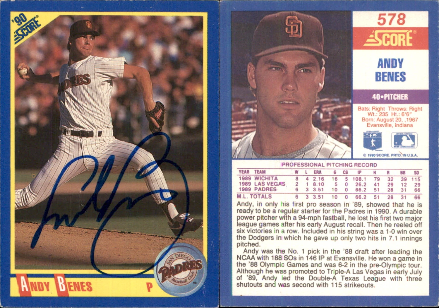 Andy Benes Signed 1990 Score #578 Card San Diego Padres Auto AU