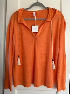 NWT Sigrid Olsen Linen Knit Boho Top Shirt Tunic Blouse Long Sl Hood M Orange - Picture 1 of 3