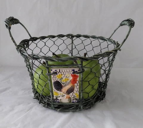 Vintage Chicken Wire Wicker Easter Basket With Rooster Ceramic Tile On Front Cover