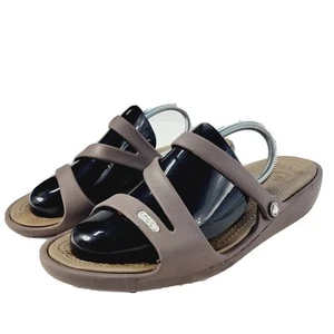 Crocs Patricia Women's size 10 Brown 3 Strap Wedge Heel Slide Sandals w/ Logo - Picture 1 of 16
