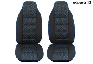 Per MAN Scania Mercedes Coppia Coprisedili Ecopelle e Tessuto Nero con Rombi Blu - Picture 1 of 3