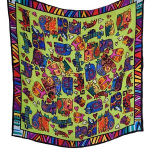 Laurel Burch Silk Scarf Square Multicolor Cat Print Hand Rolled 34" Large