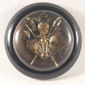 Vintage Brass Armor and Battle Axe Under Domed Lucite Cap Button 1 3/8 Inches - Picture 1 of 5