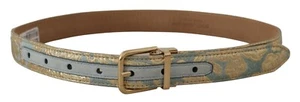 DOLCE & GABBANA Belt Blue Leather Jaquard Embossed Gold Metal Buckle 65cm/26in - Picture 1 of 8