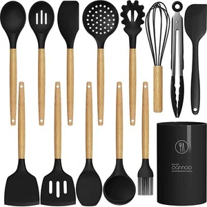 Heat-resistant silicone utensils w/wood handles, BPA-free (Black) - Picture 1 of 9