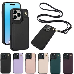 Leder Geldbörse Crossbody Handy Hülle für iPhone 16 Pro Max/16E/15/14/13/12/11/X - Bild 1 von 59