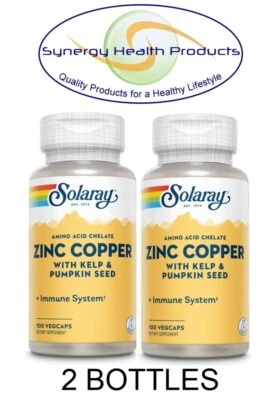 2X Solaray Zinc Copper 100 VegCaps - Amino Acid Chelate with Kelp & Pumpkin Seed - Image 1 of 4