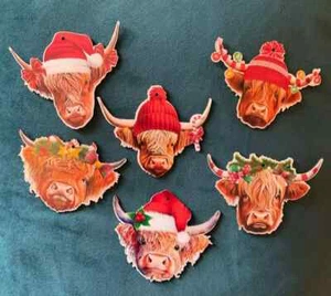 Set Of 6 Highland Cow Wooden Hanging Christmas Decorations Tree Gift Tags Wood - Picture 1 of 10