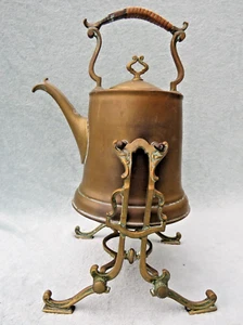 VINTAGE / ANTIQUE COPPER & BRASS SPIRIT KETTLE ON ORNATE STAND (BURNER ABSENT) - Picture 1 of 6