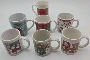 Christmas Lot 7 Vintage Holiday Coffee Mugs Mixed Designs Bears Santa - Picture 1 of 9