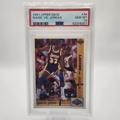 1991-92 Upper Deck Magic Johnson vs. Michael Jordan #34 Bulls Lakers PSA 10 - Image 1 of 2