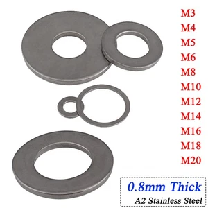 Flat Plain Washer 0.8mm Thick A2 Stainless Steel M3 M4 M5 M6 M8 M10 M12 M16 M20 - Picture 1 of 8