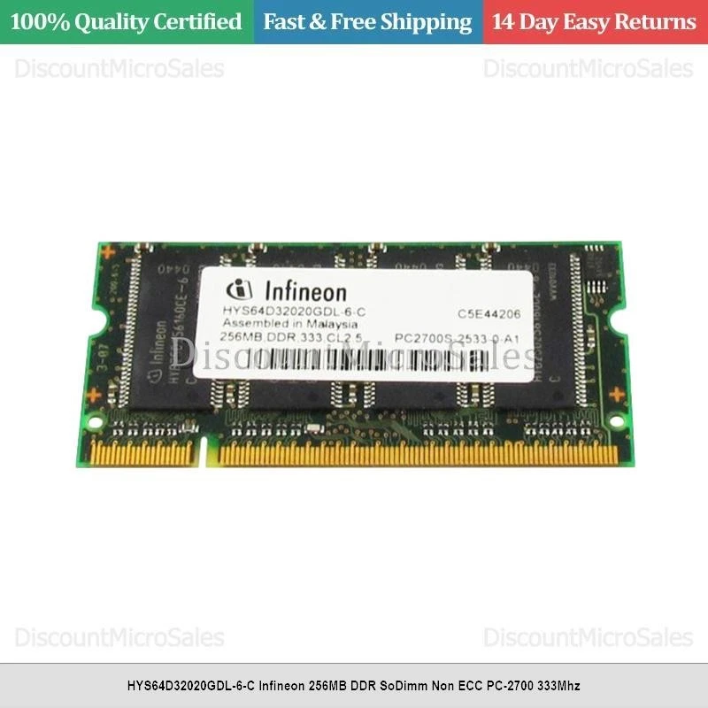 HYS64D32020GDL-6-C Infineon 256MB DDR SoDimm Non ECC PC-2700 333Mhz - Image 1 of 1