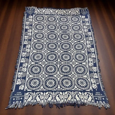 John Klinhinz Ohio 1848 Reversible Woven Cotton Throw Blue & Cream 48" X 69" - Image 1 of 4