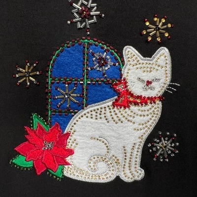 Mercer Street Studio Christmas Long Sleeve Shirt Women L Cat Poinsettia appliqué - Image 1 of 4