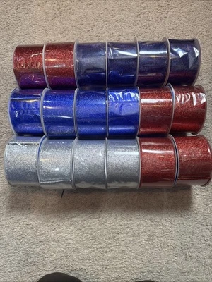 Red, Blue, Silver Glittered Ribbon LOT OF 18,  2 1/2” X 10 Feet  - Image 1 of 4