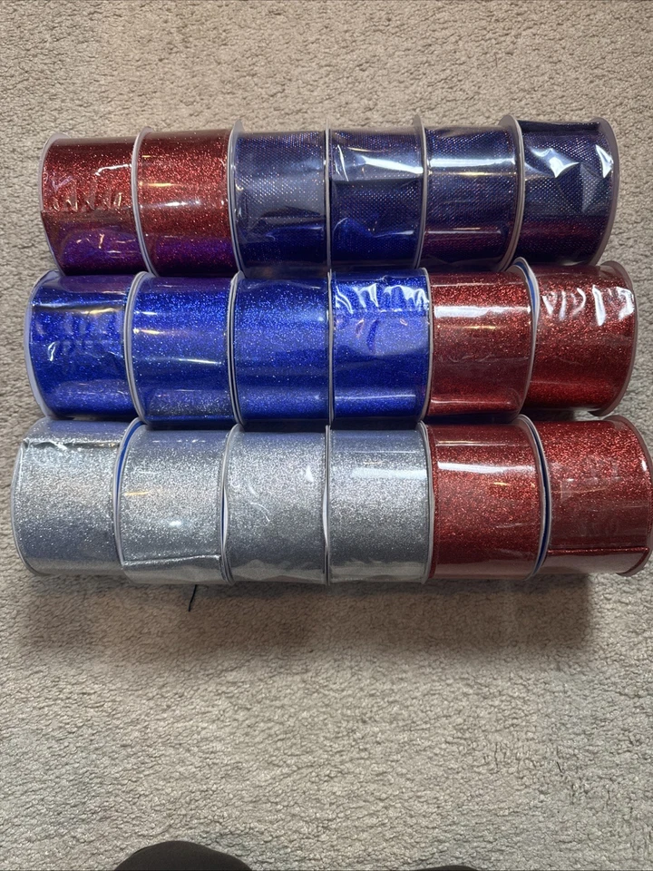 Red, Blue, Silver Glittered Ribbon LOT OF 18,  2 1/2” X 10 Feet  - Image 1 of 4