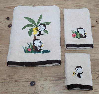 Motion Monkey 3 pc Set Cotton Bath Hand Towel Washcloth Safari Jungle Tropical - Image 1 of 4