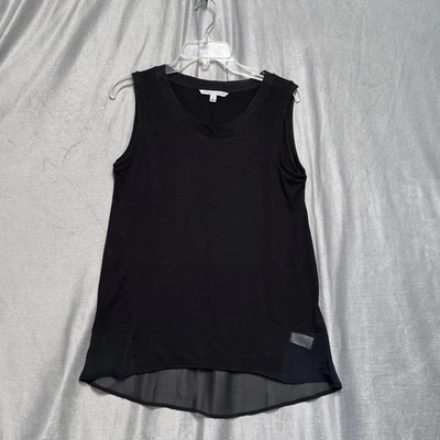 Camisa Adrienne Vittadini para mujer mediana negra sin mangas alta baja ribete de gasa Foto 1 de 4