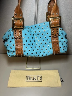BE & D GARBO Turquoise Lambskin Cognac Leather with Gold Studs Satchel Handbag - Image 1 of 4