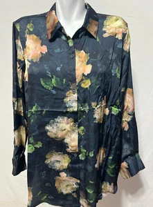 Elie Tahari Women 1X Satin Top Shirt Blouse Black Tea Rose Floral New NWT - Picture 1 of 8