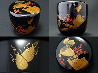 Japan WAJIMA-nuri Lacquer Wooden Tea Caddy A GOOD LUCK CHARM Makie Natsume (621) • 149.97$