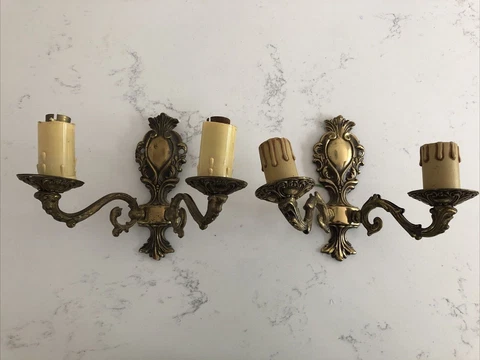 2 Rococo Vintage Antique French Style Brass Gilt Wall Double Candle Lights Cover