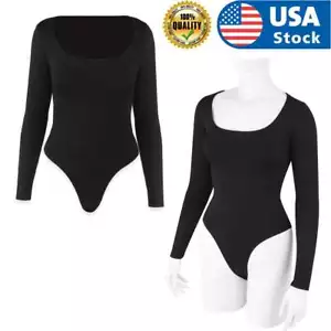 Women Square Collar Long Sleeve Bodysuit Ladies Plain Stretch Body Top T-Shirt - Picture 1 of 10