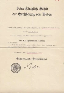 Urkunde Baden Kriegsverdienstkreuz von 1916 für einen Unteroffizier der Res. - Bild 1 von 1
