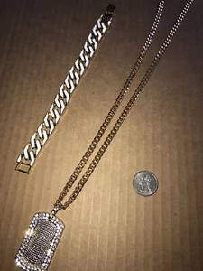 Faux Simulated Diamond And Gold Bling Flashy Necklace Pendant Dog Tag Bracelet - Picture 1 of 9