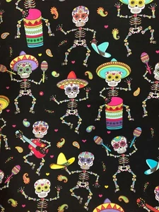 1 Yard Day of the Dead Dancing Sugar Skulls Cotton Fabric - Picture 1 of 3