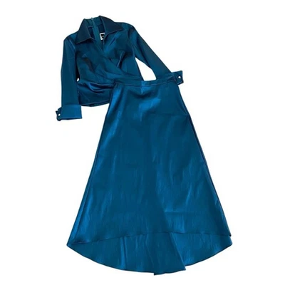 Conjunto de dos piezas vintage Tadashi talla 4 verde azulado satinado falda blusa boda evento años 90 Y2K Foto 1 de 4