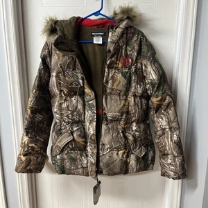 REAL TREE XTRA Women’s Camo Puffer Jacket XL Zip Hood - Fur Trim Removable - Picture 1 of 9