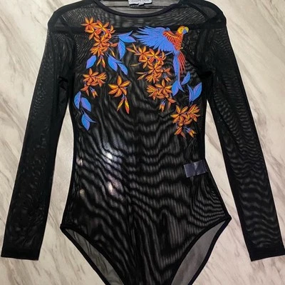 Black Mesh Body Suit with Colourful Bird Design Detailing Size 12 - Image 1 of 2