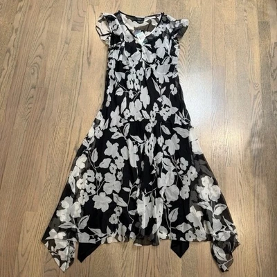 Alfani Petite Black White Floral 100% Silk Sheer Overlay Dress Size 8P - Image 1 of 4