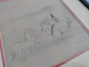 Chinesisch Japanisch Signiert Original Kunst Schwarz + Weiß Pferde 14x14" Rahmen Matt Fehler - Bild 1 von 16