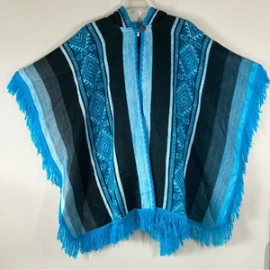 Poncho con Capucha de Lana de Alpaca Ecuador Azul Negro Rayas Flecos Boho Acogedor Envoltura OS - Imagen 1 de 11