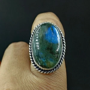925 Sterling Silver Natural Labradorite Gemstone Handmade Ring (Size-7.5 US) - Picture 1 of 5