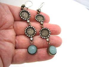 Vintage Designer BORA Sterling Silver 24k Gold Aqua Quartz Pierced Earrings - Picture 1 of 5