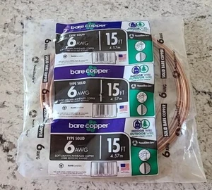 Bare Copper Type Solid 6 AWG Soft-Drawn 15 Feet Annealed Copper  - Picture 1 of 4