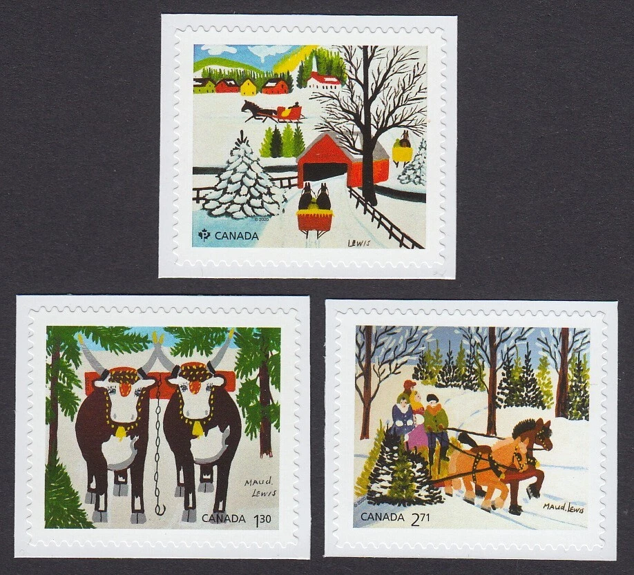 MAUD LEWIS = CHRISTMAS ART = set of 3 stamps, cut from booklet Canada 2020 MNH - Image 1 of 1