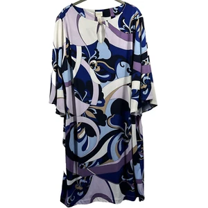 Chicos Women's Dress XL Blue Purple Bell 3/4 Sleeves 60's Hippie Midi Stretch - Picture 1 of 7