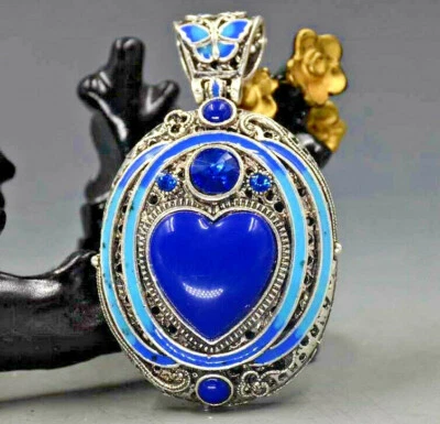 COLLAR Cloisonne Hecho a Mano Ovalado CORAZÓN Azul Circón Piedras Preciosas Tibetanas Plata Foto 1 de 4