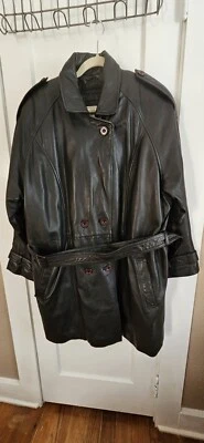 Silhouettes100% Soft Leather Overcoat Black double breasted belted sz 1X quilted - Image 1 of 4