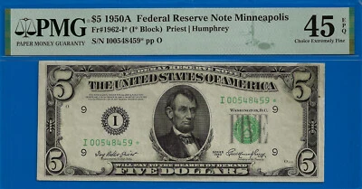 1950A $5 Federal Reserve Note PMG 45EPQ 11 known Minneapolis star Fr 1962-I* - Image 1 of 4