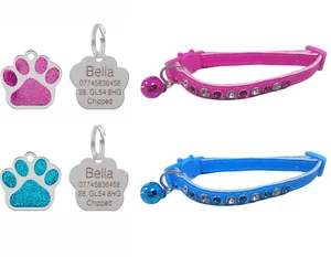 Leather Cat Collar, Diamantes, Safety Buckle, Bell & Engraved Glitter Paw Tag - Picture 1 of 17