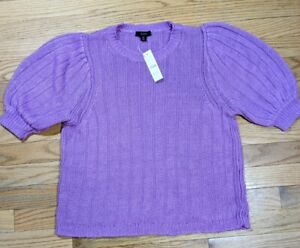 J Crew Puff Sleeve Linen Crew Neck Sweater Short Purple Sz M Top Shirt AY822