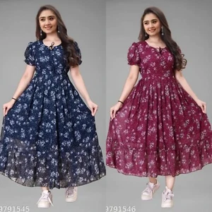 Women’s Georgette Floral Printed Maxi Dress with Puff Sleeves - Picture 1 of 9